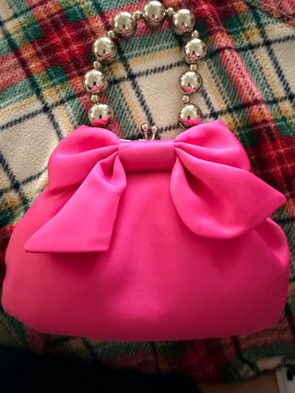 Sondra Roberts Hot Pink Bow Clutch with Silver Beaded Handle